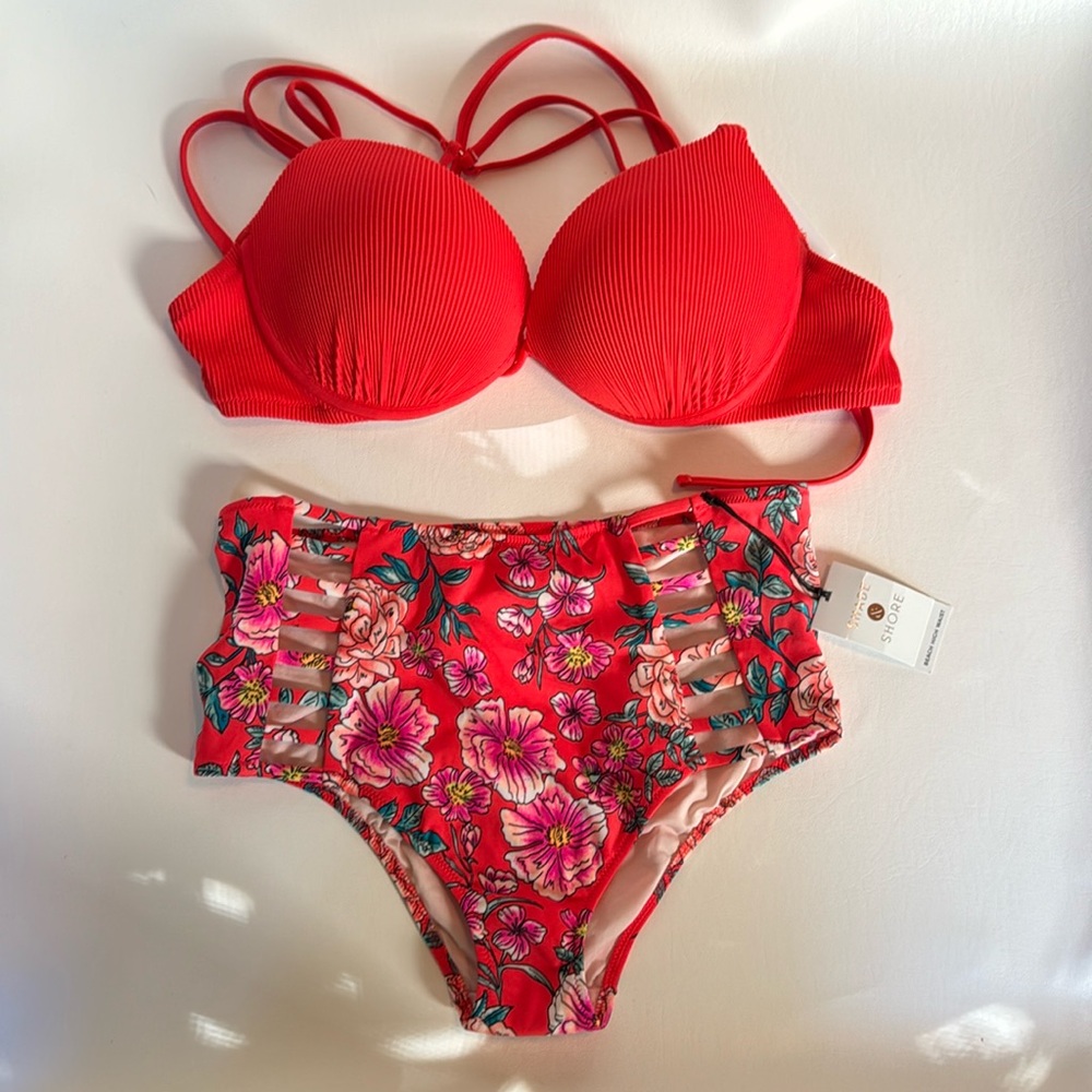Red Floral High-Waist Bikini Set